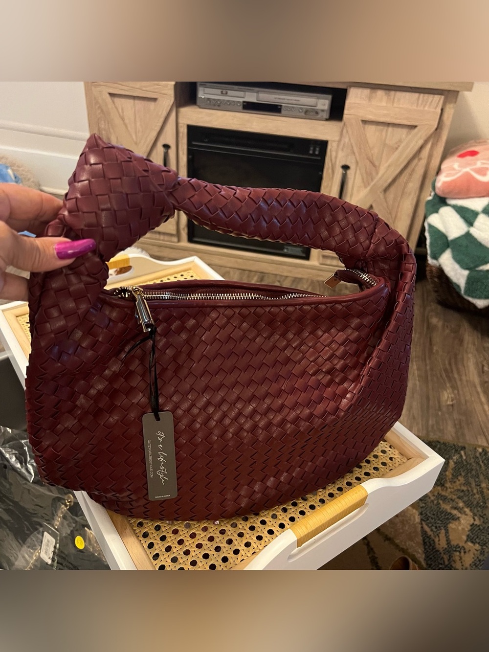 NWT Glitzy Girlz Woven Burgundy Shoulder Hobo Bag
